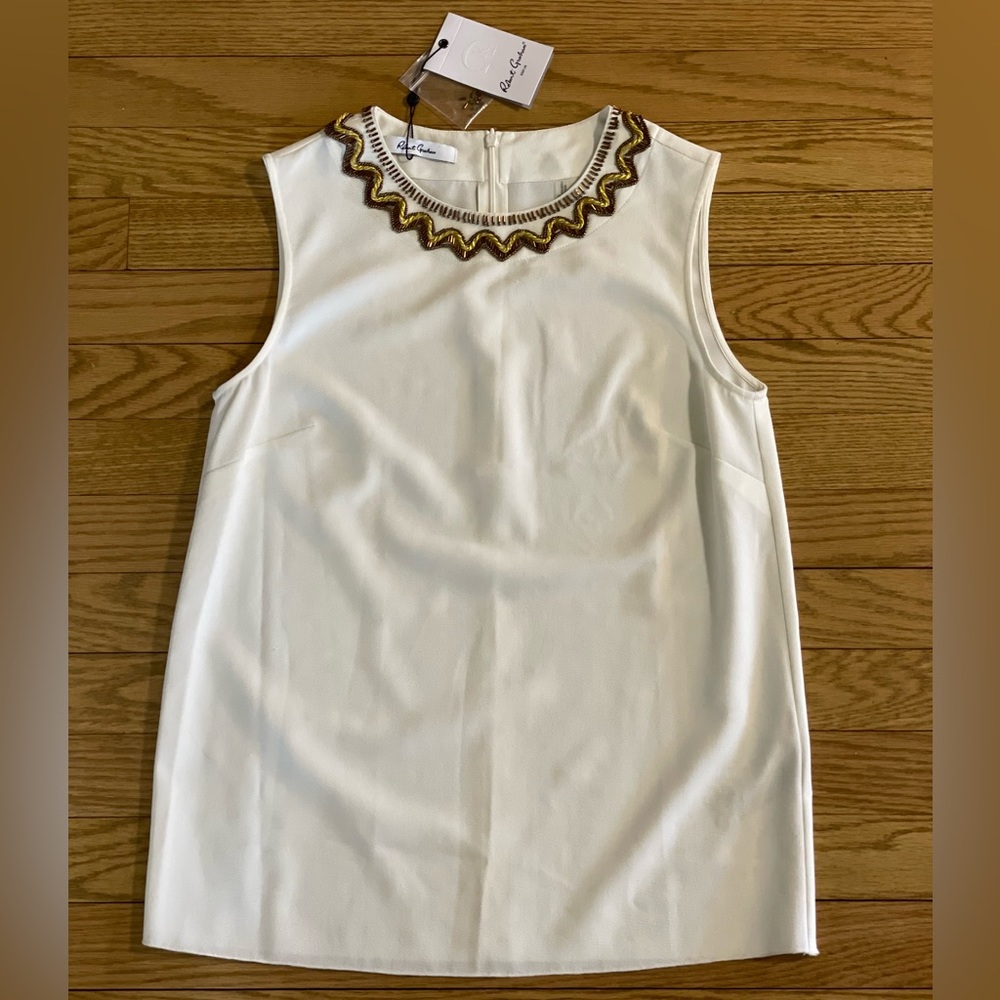 NWT ROBERT GRAHAM Off White Sleeveless Top w/ Beaded Embellished Neckline Blouse